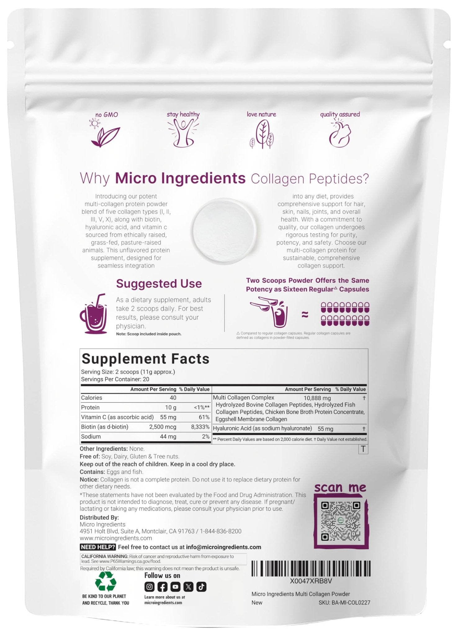 Micro Ingredients Multi Collagen Peptides Powder, 8oz – Hydrolyzed Type I,II,III,V,X with Biotin, Hyaluronic Acid, Vitamin C – Unflavored Collagen for Women & Men, Easy Dissolve, 20 Servings - Maple Wellness Supplements