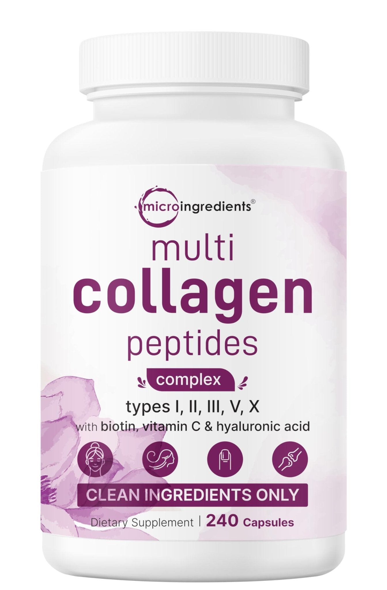 Micro Ingredients Multi Collagen Pills for Women & Men, 240 Capsules | Type I, II, III, V, X | Hydrolyzed Peptides with Biotin, Hyaluronic Acid - Maple Wellness Supplements