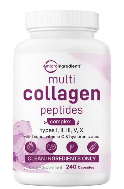 Micro Ingredients Multi Collagen Pills for Women & Men, 240 Capsules | Type I, II, III, V, X | Hydrolyzed Peptides with Biotin, Hyaluronic Acid - Maple Wellness Supplements