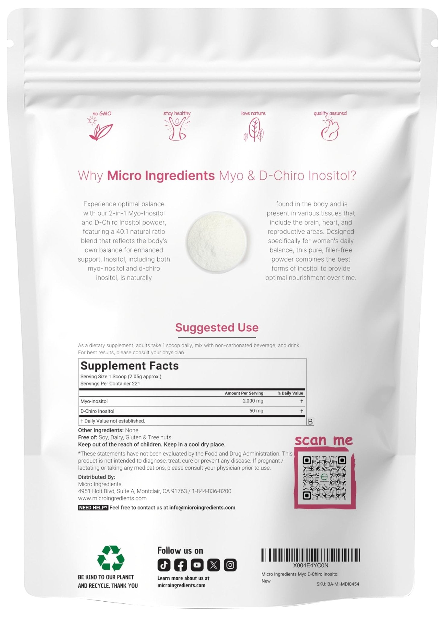 Micro Ingredients Myo-Inositol & D-Chiro Inositol Powder, 1lb (221 Servings) | 40:1 Ideal Ratio Inositol Supplement for Women | Supports Hormonal Balance - Maple Wellness Supplements
