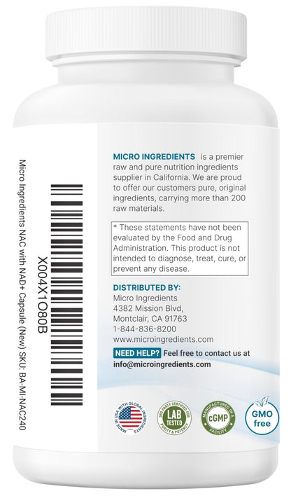 Micro Ingredients NAC with NAD+, 240 Vegetarian Capsules | 1,200 mg Per Serving | 2-in-1 N-Acetyl-L-Cysteine with Nicotinamide Adenine Dinucleotide - Maple Wellness Supplements