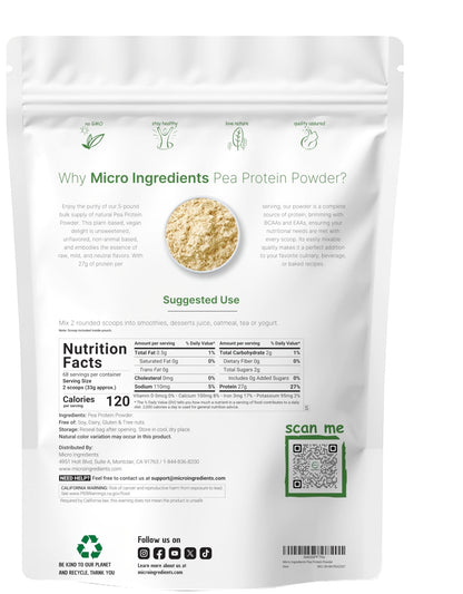 Micro Ingredients North American Grown, Pea Protein Powder, 5 Pounds | Plant Based, Unflavored | Complete Vegan Protein Source with BCAAs & EAAs – 27g Serving | Non-GMO, Keto Friendly - Maple Wellness Supplements