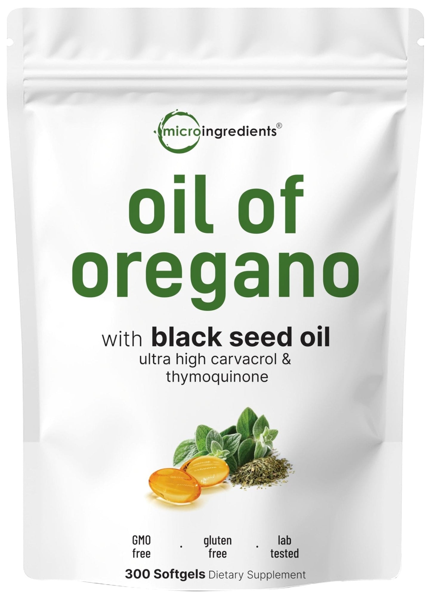 Micro Ingredients Oil of Oregano Softgels, 300 Count | 2 in 1 Formulated | 4X Strength Carvacrol & Thymoquinone | Plant Based, Non-GMO - Maple Wellness Supplements