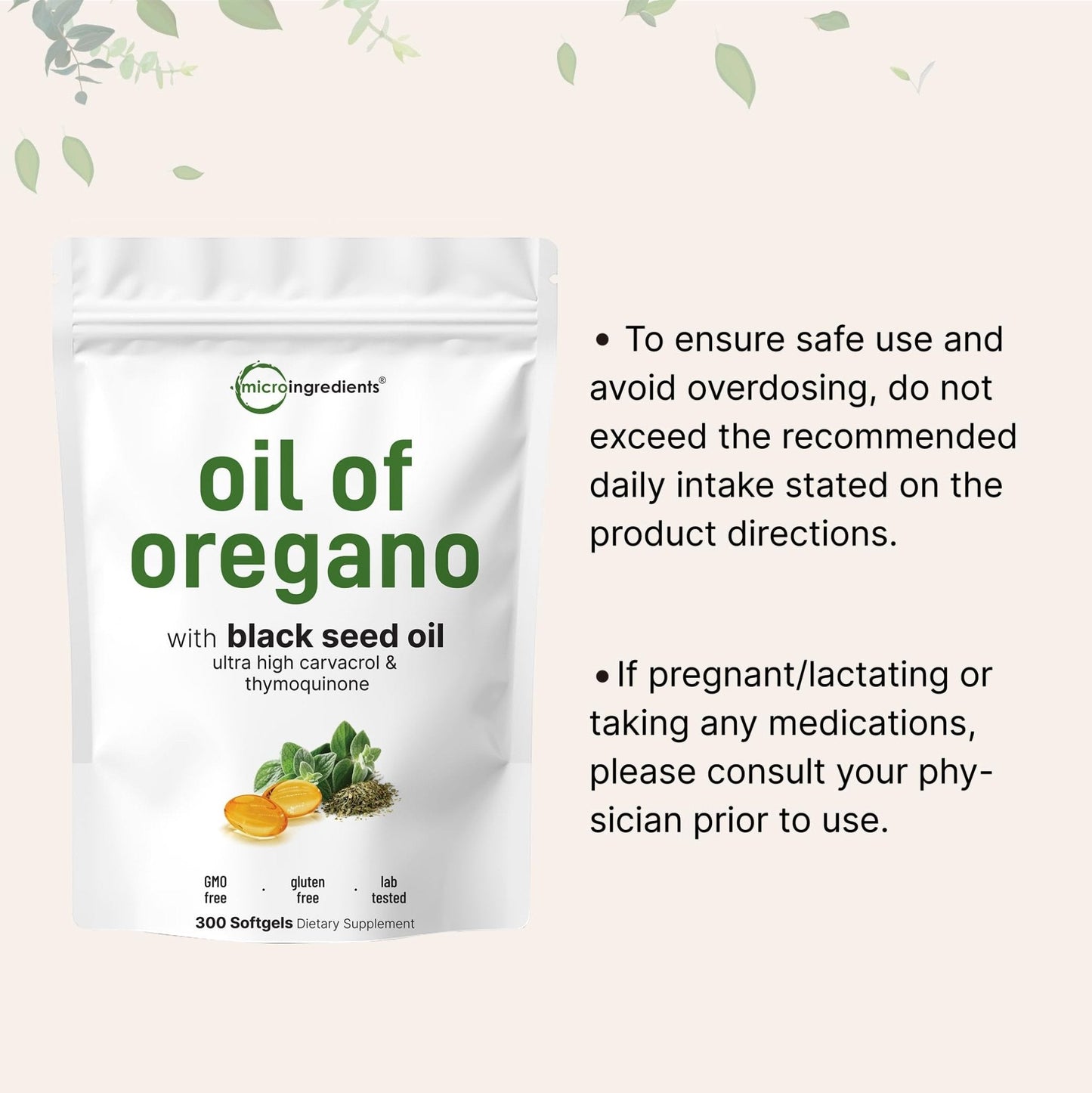 Micro Ingredients Oil of Oregano Softgels, 300 Count | 2 in 1 Formulated | 4X Strength Carvacrol & Thymoquinone | Plant Based, Non-GMO - Maple Wellness Supplements