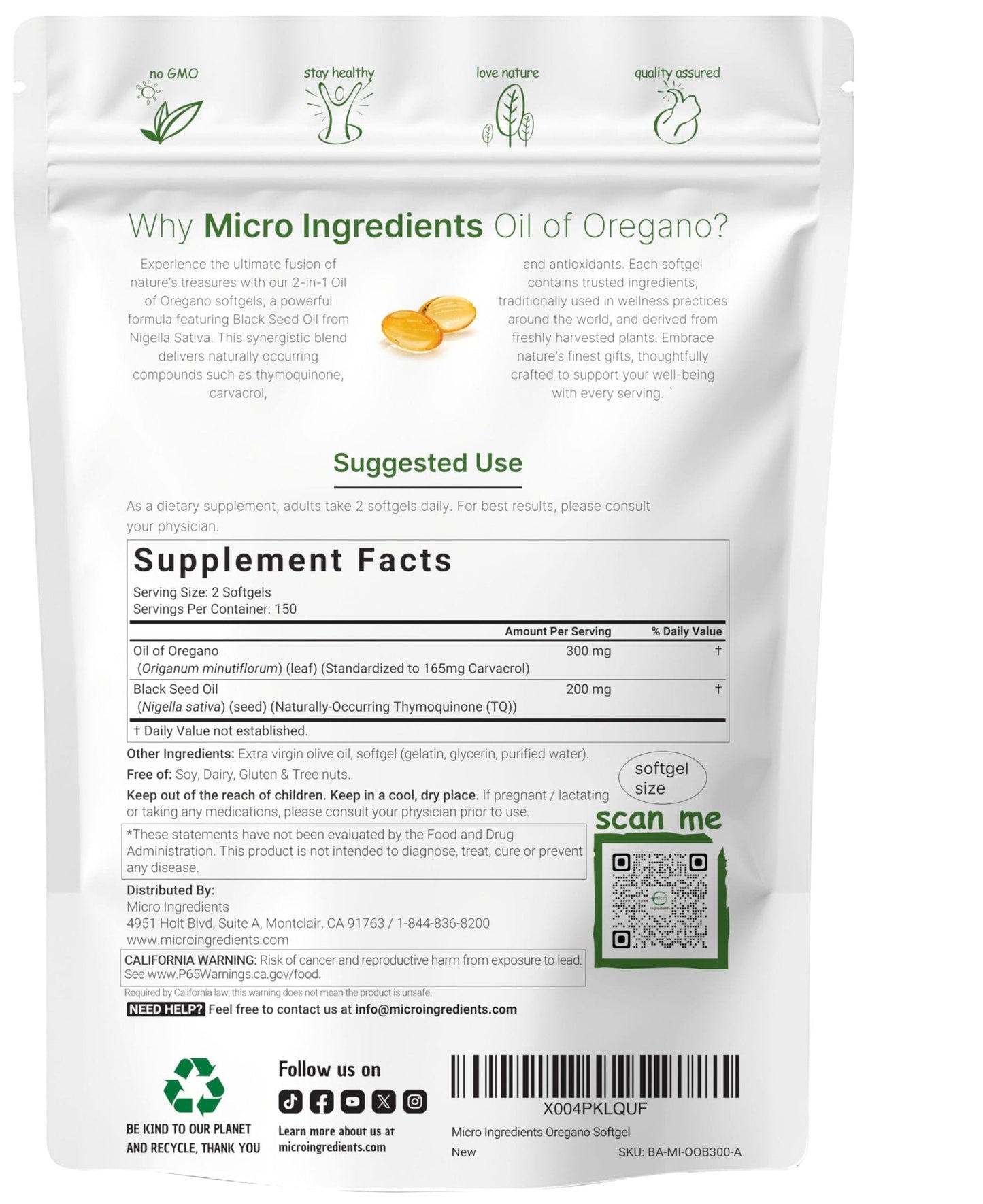 Micro Ingredients Oil of Oregano Softgels, 300 Count | 2 in 1 Formulated | 4X Strength Carvacrol & Thymoquinone | Plant Based, Non-GMO - Maple Wellness Supplements