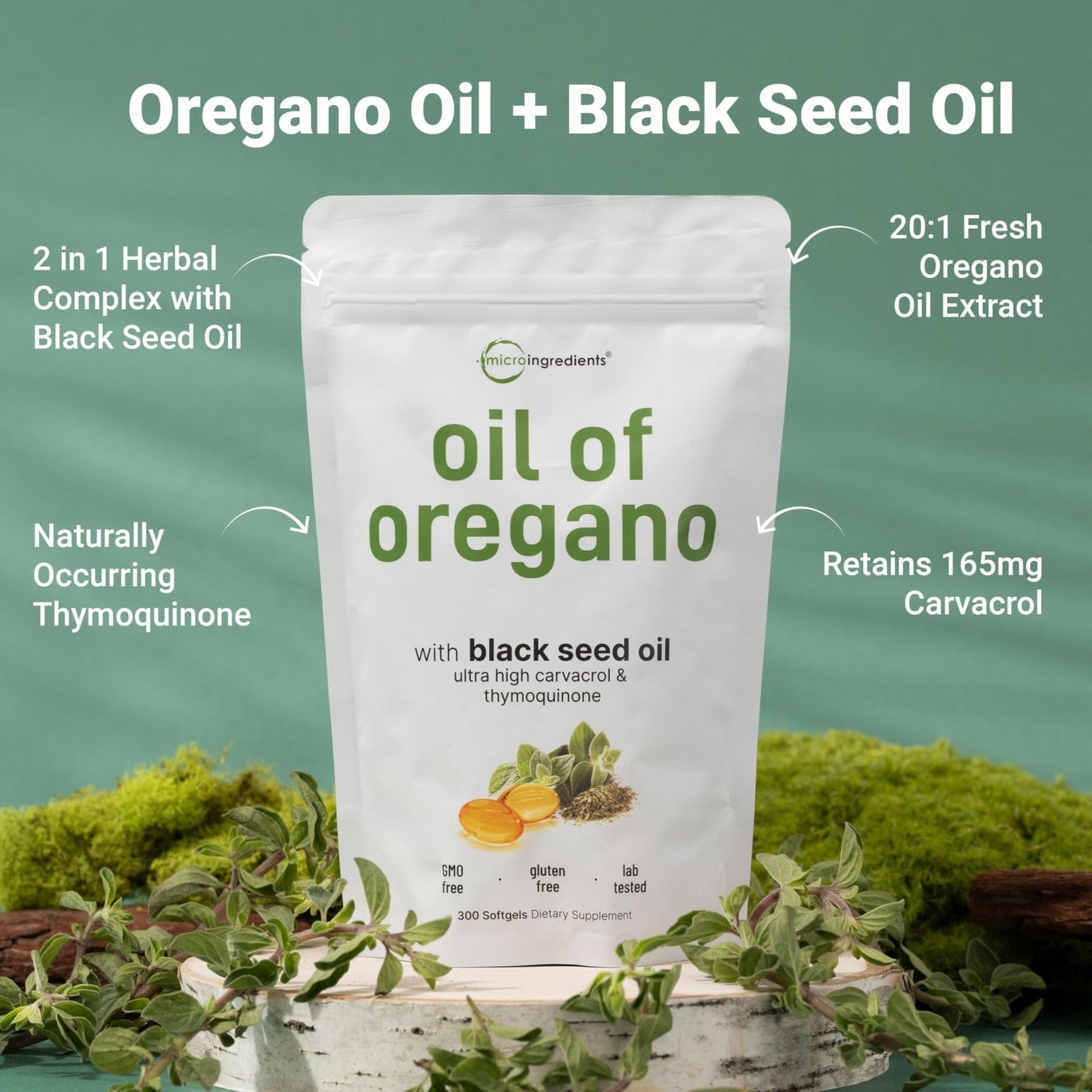 Micro Ingredients Oil of Oregano Softgels, 300 Count | 2 in 1 Formulated | 4X Strength Carvacrol & Thymoquinone | Plant Based, Non-GMO - Maple Wellness Supplements