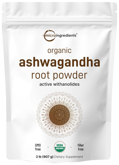 Micro Ingredients Organic Ashwagandha Root Powder | 2 Pound, No Filler, No Additives, Highly Purified | Active Withanolides, Adaptogenic Ayurvedic Herbal Supplements, Gluten Free, India Origin - Maple Wellness Supplements