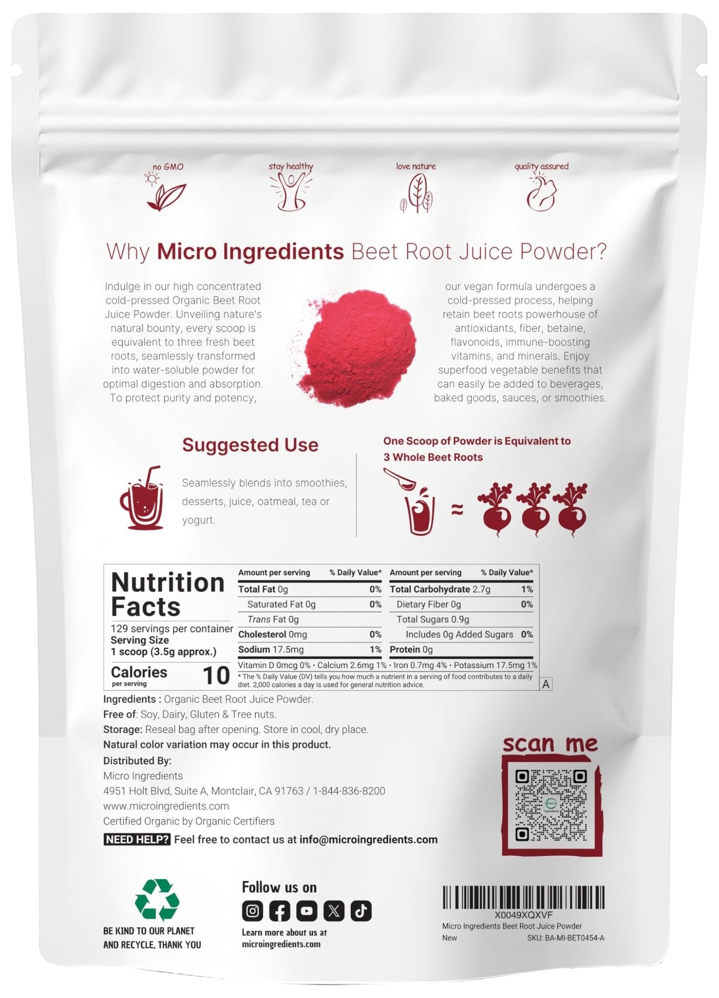 Micro Ingredients Organic Beet Root Juice Powder, 1 Pound | Cold Pressed, Water Soluble, High Concentrated Raw Beet Supplement | Superfood Drink Mix - Maple Wellness Supplements