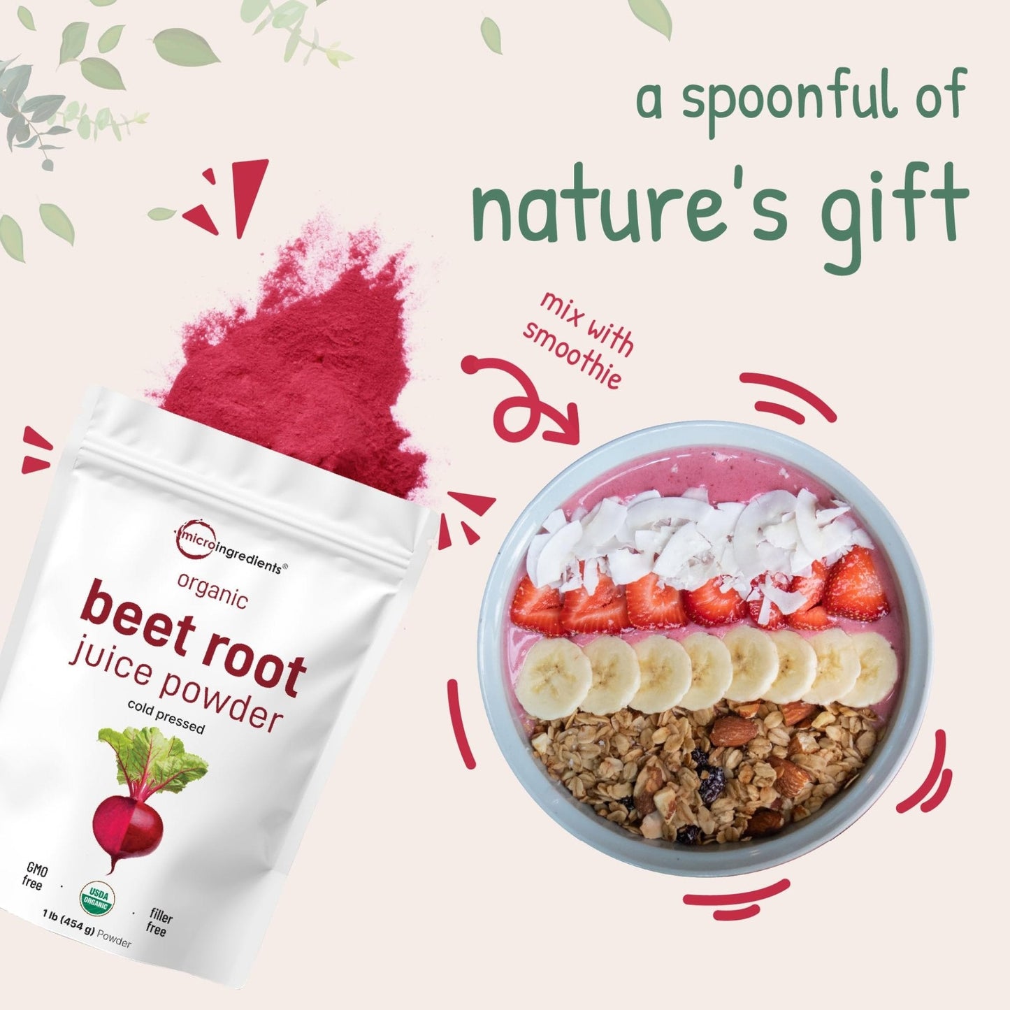 Micro Ingredients Organic Beet Root Juice Powder, 1 Pound | Cold Pressed, Water Soluble, High Concentrated Raw Beet Supplement | Superfood Drink Mix - Maple Wellness Supplements