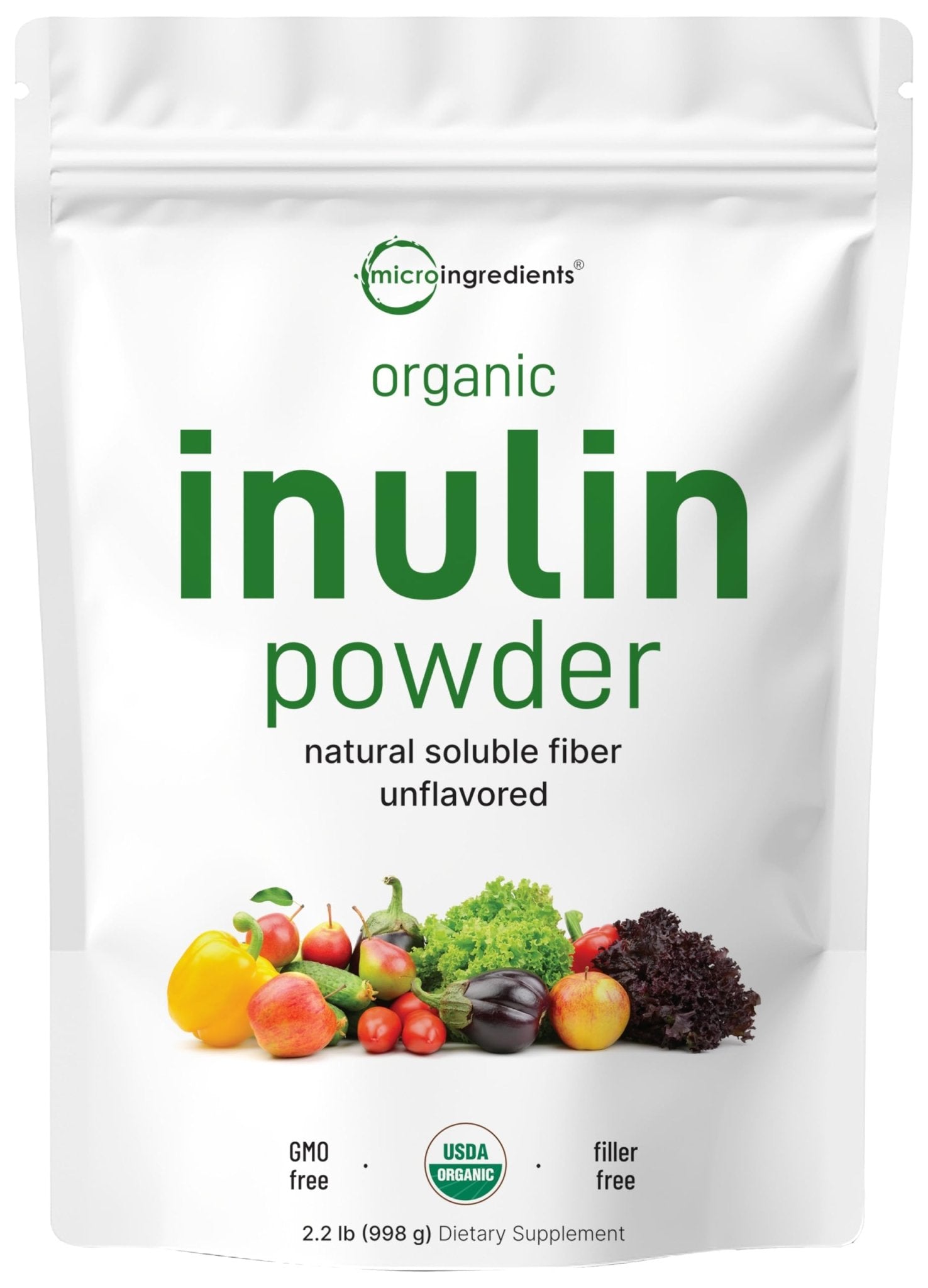 Micro Ingredients Organic Inulin FOS Fiber Powder, 2.2 lbs | Quick Water-Soluble Prebiotic | Natural Fiber for Smoothies & Drinks | Vegan Friendly, Dissolves Clear - Maple Wellness Supplements