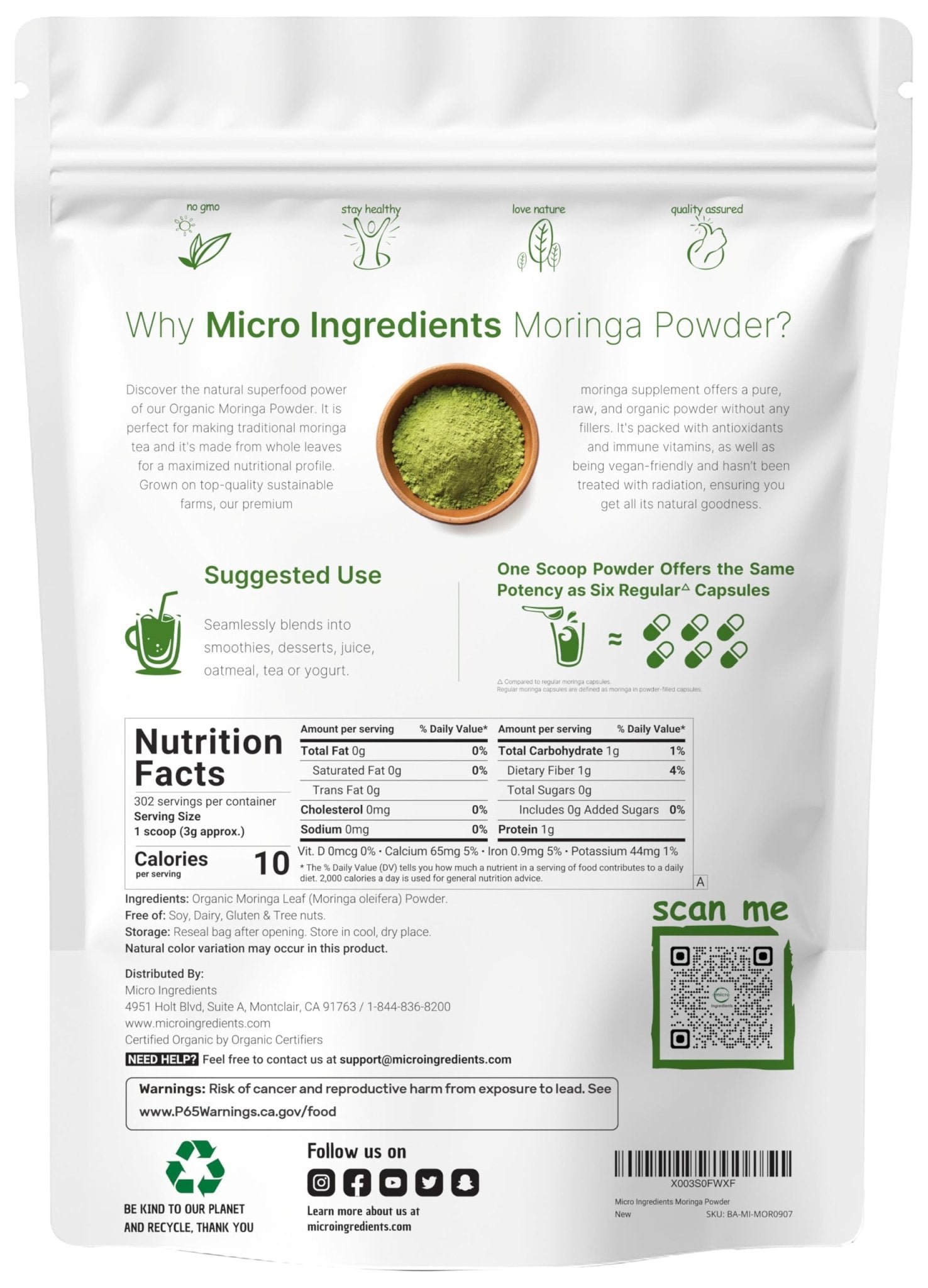 Micro Ingredients Organic Moringa Oleifera Leaf Powder, 2 Pound | Rich in Antioxidants & Immune Vitamins | Pure Leaves Without Stems | - Maple Wellness Supplements
