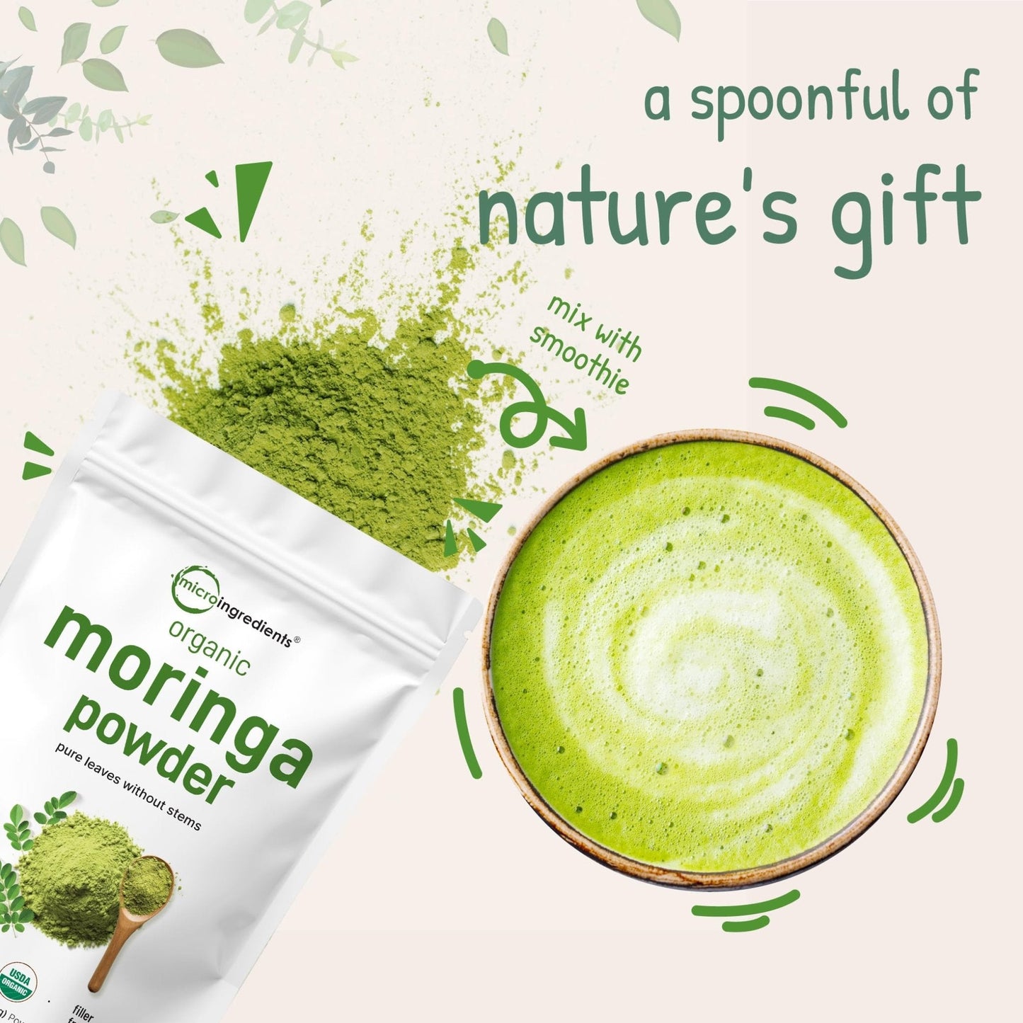 Micro Ingredients Organic Moringa Oleifera Leaf Powder, 2 Pound | Rich in Antioxidants & Immune Vitamins | Pure Leaves Without Stems | - Maple Wellness Supplements