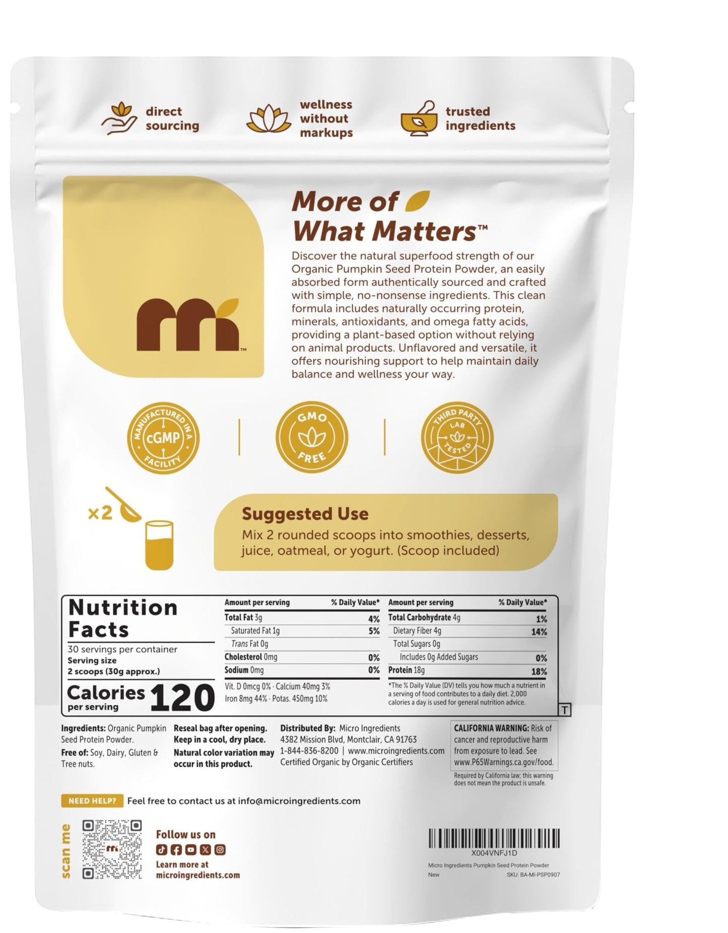 Micro Ingredients Organic Pumpkin Seed Protein Powder, 2lb | Raw Plant-Based Protein | Single-Ingredient Powder | Smooth Texture & Versatile Use | Non-GMO, Soy Free - Maple Wellness Supplements