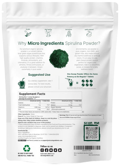 Micro Ingredients Organic Spirulina Powder, 1lb | Blue-Green Algae, Rich in Vegan Protein, Vitamins & Minerals | Source of Natural Chlorophyll & Enzymes - Maple Wellness Supplements