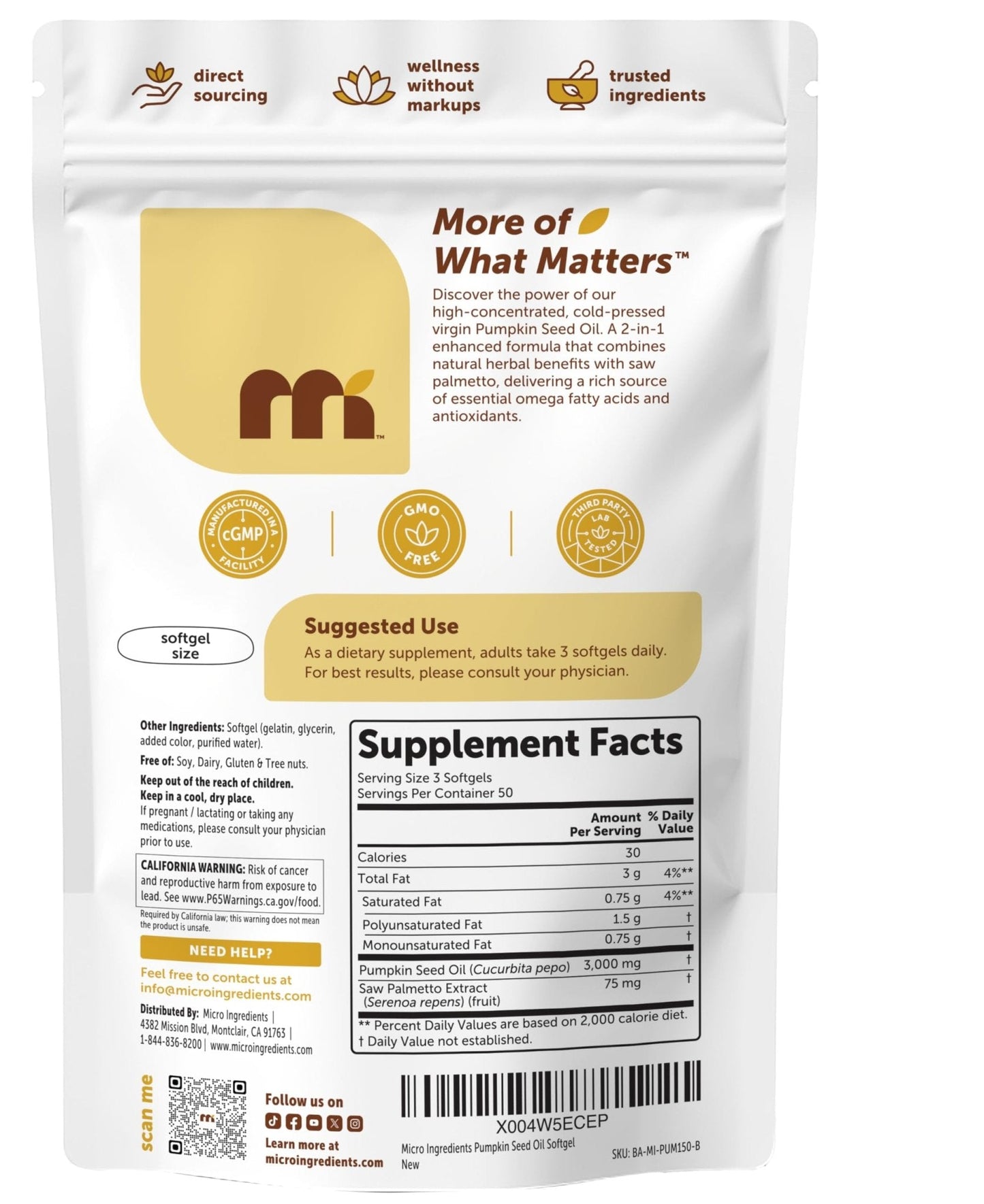 Micro Ingredients Pumpkin Seed Oil with Saw Palmetto, 150 Softgels | Cold Pressed, Pure Virgin Oil, Essential Fatty Acids, & Phytosterols - Maple Wellness Supplements