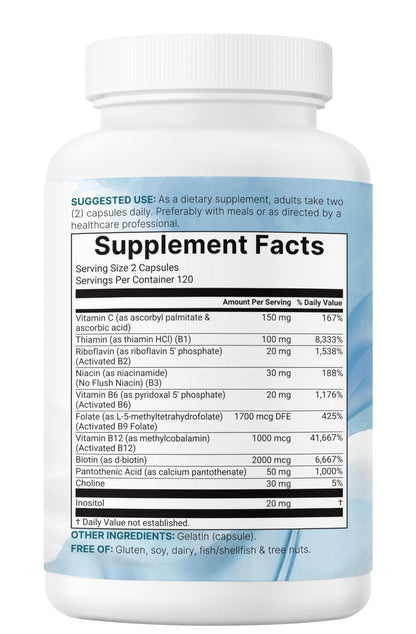 Micro Ingredients Pure Methylated B Complex, 240 Capsules | 11-in-1 Formula with Methylfolate, B12, Thiamin, Inositol, Choline, & Fat Soluble Vitamin C - Maple Wellness Supplements