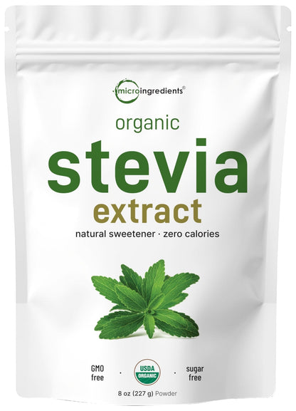 Micro Ingredients Pure Organic Stevia Powder, 8 Ounces, 1418 Serving, Highest Grade Stevia Green Leaf Extract Reb-A, Reduced Bitter Aftertaste, 0 Calorie, Natural Sweetener - Maple Wellness Supplements