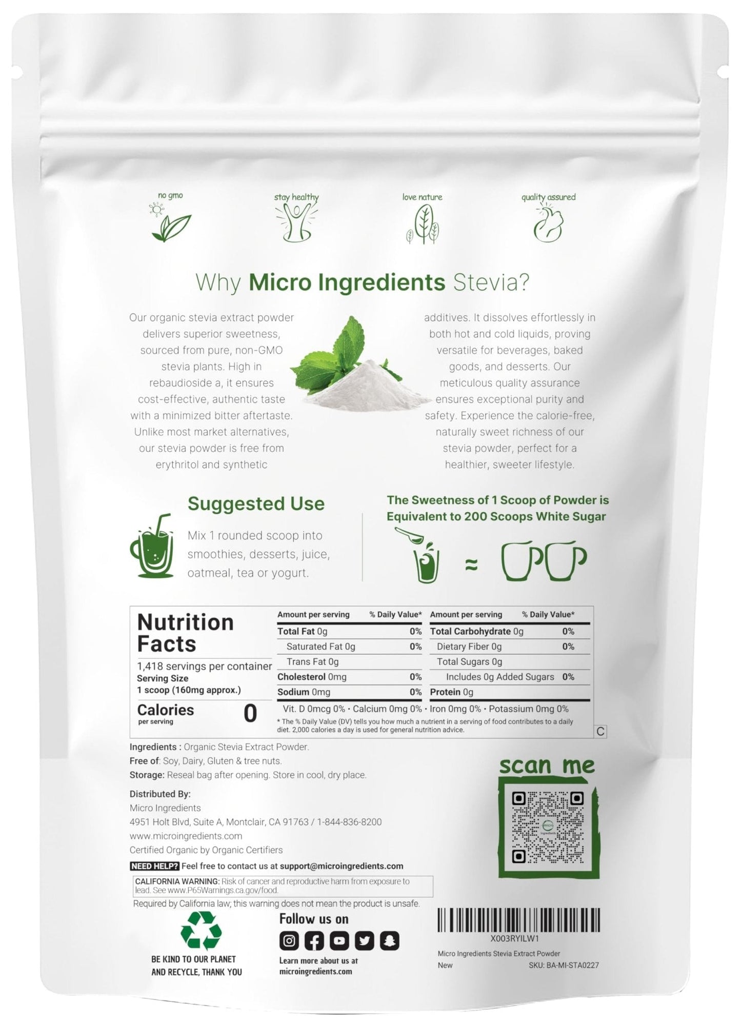 Micro Ingredients Pure Organic Stevia Powder, 8 Ounces, 1418 Serving, Highest Grade Stevia Green Leaf Extract Reb-A, Reduced Bitter Aftertaste, 0 Calorie, Natural Sweetener - Maple Wellness Supplements