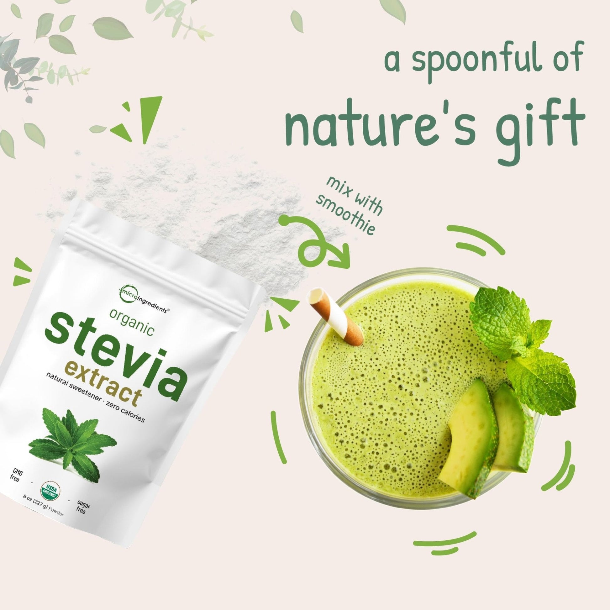 Micro Ingredients Pure Organic Stevia Powder, 8 Ounces, 1418 Serving, Highest Grade Stevia Green Leaf Extract Reb-A, Reduced Bitter Aftertaste, 0 Calorie, Natural Sweetener - Maple Wellness Supplements