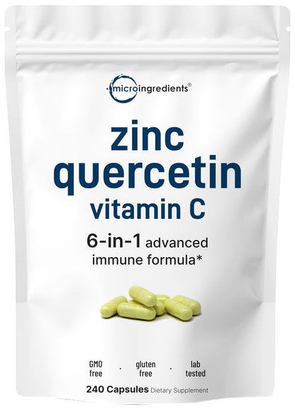 Micro Ingredients Quercetin with Vitamin C and Zinc, 240 Capsules | Quercetin 500mg, Vitamin C 500mg, Zinc 50mg (Picolinate, Citrate, Glycinate, Gluconate) - Maple Wellness Supplements