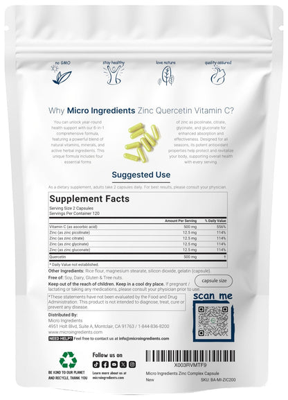 Micro Ingredients Quercetin with Vitamin C and Zinc, 240 Capsules | Quercetin 500mg, Vitamin C 500mg, Zinc 50mg (Picolinate, Citrate, Glycinate, Gluconate) - Maple Wellness Supplements