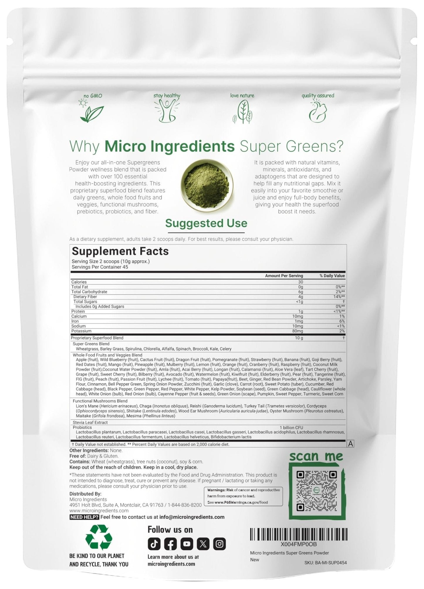 Micro Ingredients Super Greens Powder, 1lb | 100 Superfood Blend with Daily Greens, Probiotics, Fruits, Vegetables & Mushrooms | Source of Vegan Protein & Enzymes - Maple Wellness Supplements