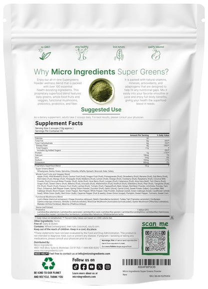 Micro Ingredients Super Greens Powder, 1lb | 100 Superfood Blend with Daily Greens, Probiotics, Fruits, Vegetables & Mushrooms | Source of Vegan Protein & Enzymes - Maple Wellness Supplements