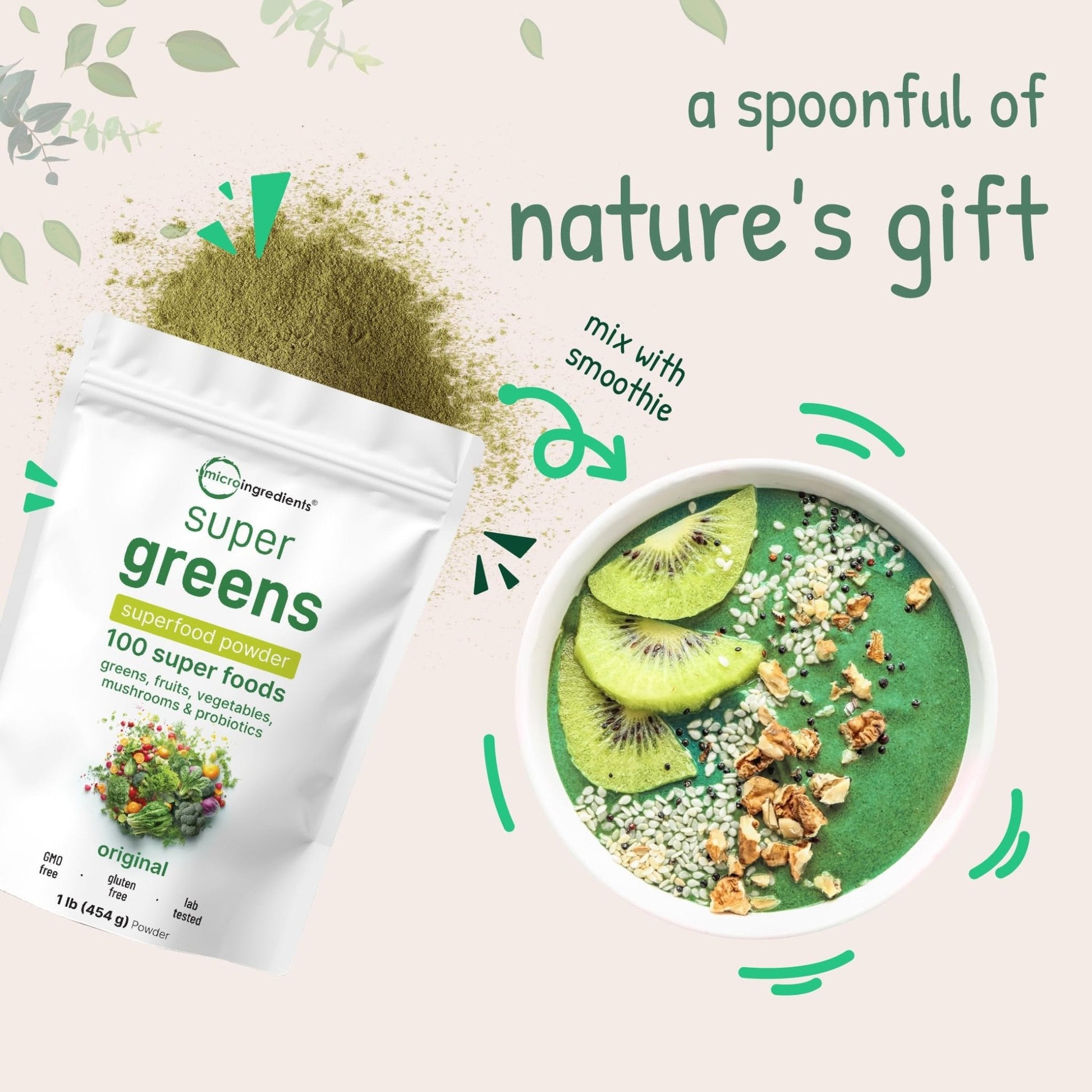 Micro Ingredients Super Greens Powder, 1lb | 100 Superfood Blend with Daily Greens, Probiotics, Fruits, Vegetables & Mushrooms | Source of Vegan Protein & Enzymes - Maple Wellness Supplements