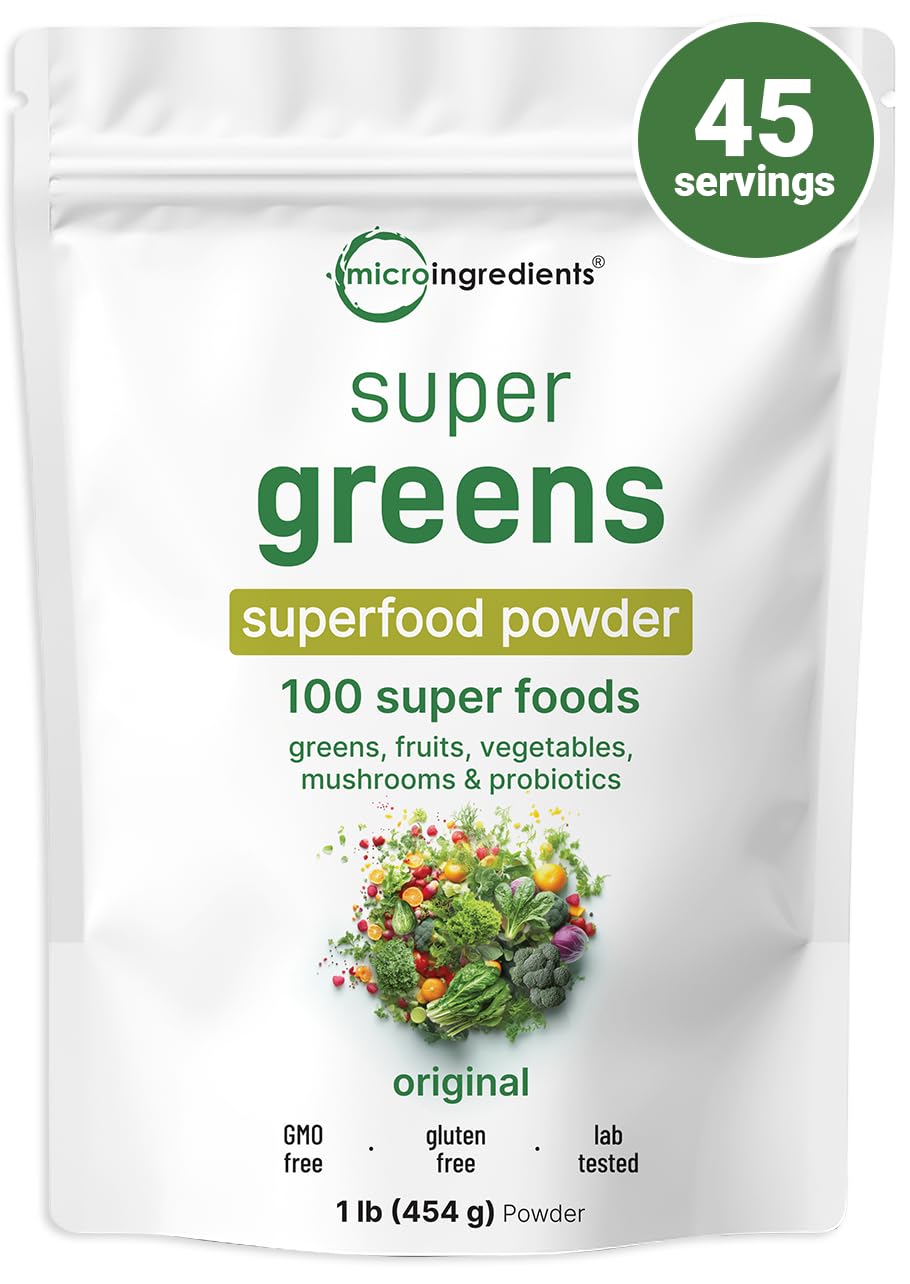 Micro Ingredients Super Greens Powder, 1lb | 100 Superfood Blend with Daily Greens, Probiotics, Fruits, Vegetables & Mushrooms | Source of Vegan Protein & Enzymes - Maple Wellness Supplements