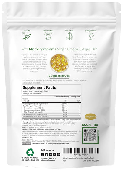Micro Ingredients Vegan Omega 3 Algae Oil, 240 Veggie Softgels | Fish Oil Alternative | DHA 500mg & DPA 100mg | Carrageenan Free | Plant-Based Omega 3 - Maple Wellness Supplements