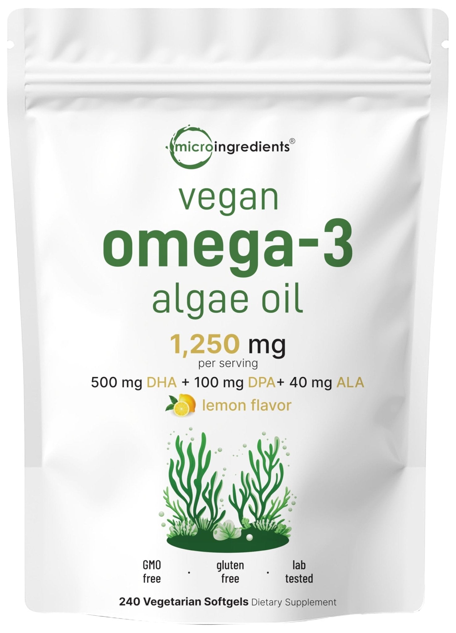 Micro Ingredients Vegan Omega 3 Algae Oil, 240 Veggie Softgels | Fish Oil Alternative | DHA 500mg & DPA 100mg | Carrageenan Free | Plant-Based Omega 3 - Maple Wellness Supplements