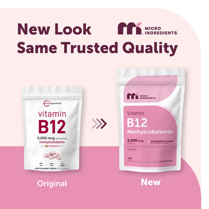 Micro Ingredients Vitamin B12 5,000 mcg | Methylcobalamin – 240 Chewable Tablets | Fast Dissolve, Natural Strawberry Flavor - Maple Wellness Supplements