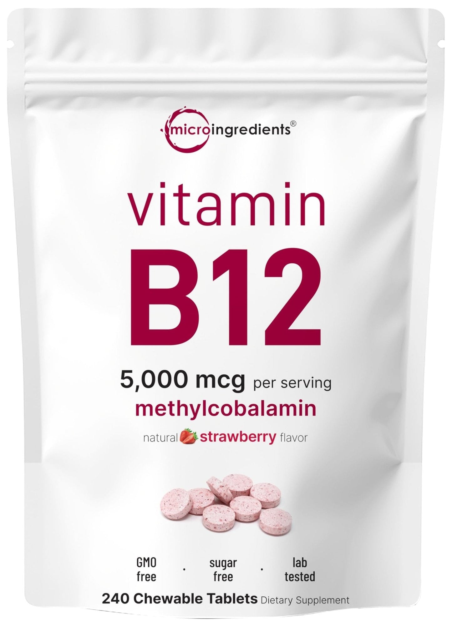 Micro Ingredients Vitamin B12 5,000 mcg | Methylcobalamin – 240 Chewable Tablets | Fast Dissolve, Natural Strawberry Flavor - Maple Wellness Supplements