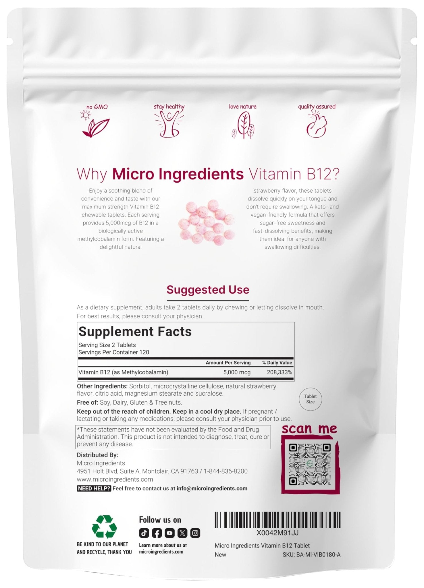 Micro Ingredients Vitamin B12 5,000 mcg | Methylcobalamin – 240 Chewable Tablets | Fast Dissolve, Natural Strawberry Flavor - Maple Wellness Supplements