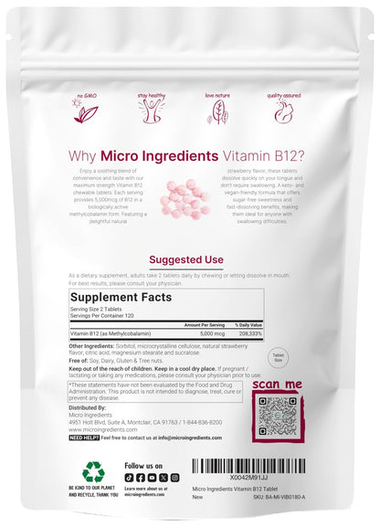 Micro Ingredients Vitamin B12 5,000 mcg | Methylcobalamin – 240 Chewable Tablets | Fast Dissolve, Natural Strawberry Flavor - Maple Wellness Supplements