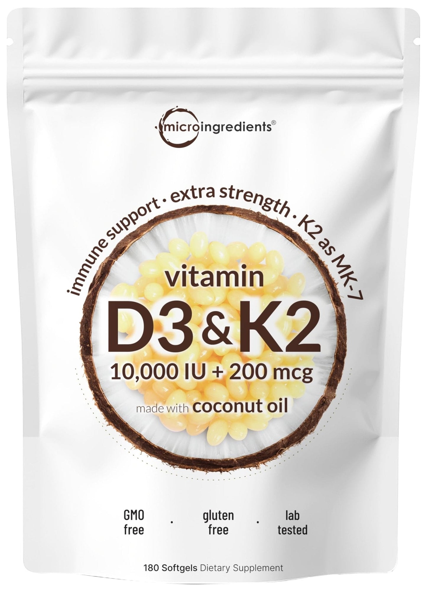 Micro Ingredients Vitamin D3 10,000 IU + K2 MK-7 200 mcg, 180 Softgels with Virgin Coconut Oil | 2-in-1 Vitamins D & K Complex - Maple Wellness Supplements