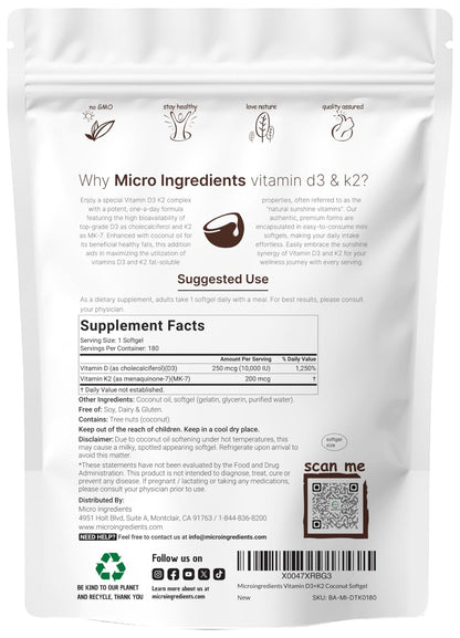 Micro Ingredients Vitamin D3 10,000 IU + K2 MK-7 200 mcg, 180 Softgels with Virgin Coconut Oil | 2-in-1 Vitamins D & K Complex - Maple Wellness Supplements