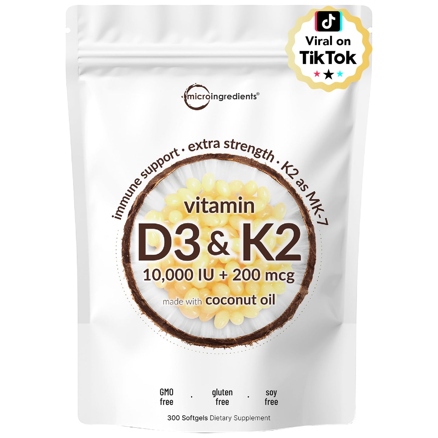 Micro Ingredients Vitamin D3 10,000 IU + K2 MK-7 200 mcg, 300 Softgels with Virgin Coconut Oil | 2-in-1 Vitamins D & K Complex - Maple Wellness Supplements