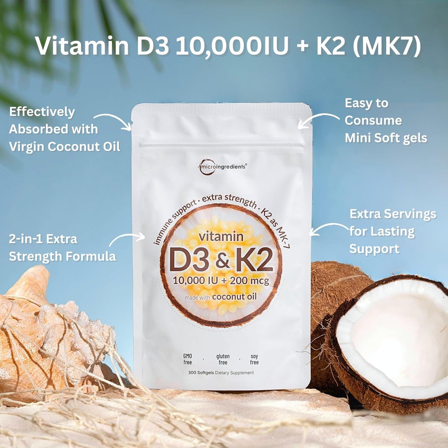 Micro Ingredients Vitamin D3 10,000 IU + K2 MK-7 200 mcg, 300 Softgels with Virgin Coconut Oil | 2-in-1 Vitamins D & K Complex - Maple Wellness Supplements