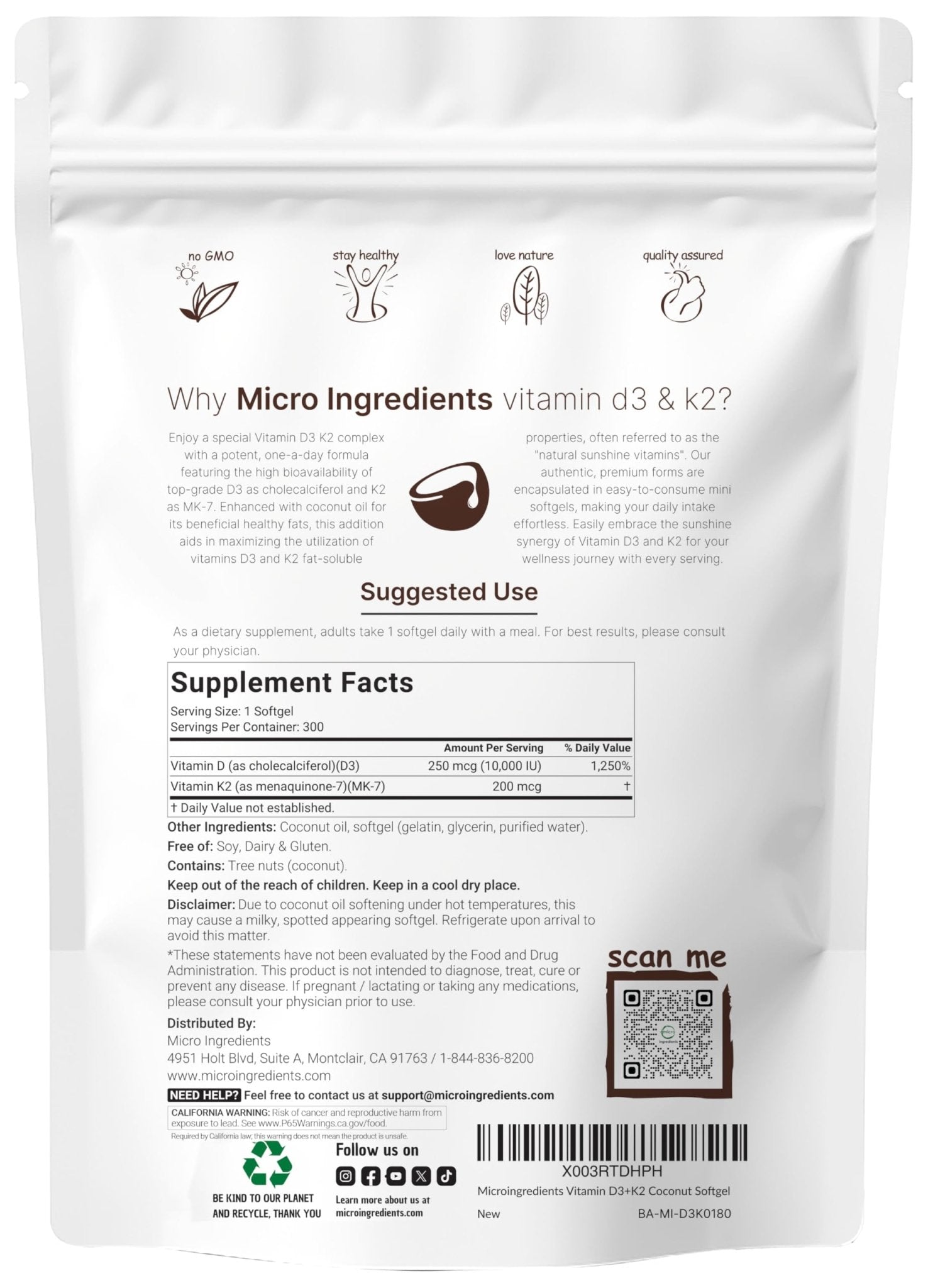 Micro Ingredients Vitamin D3 10,000 IU + K2 MK-7 200 mcg, 300 Softgels with Virgin Coconut Oil | 2-in-1 Vitamins D & K Complex - Maple Wellness Supplements