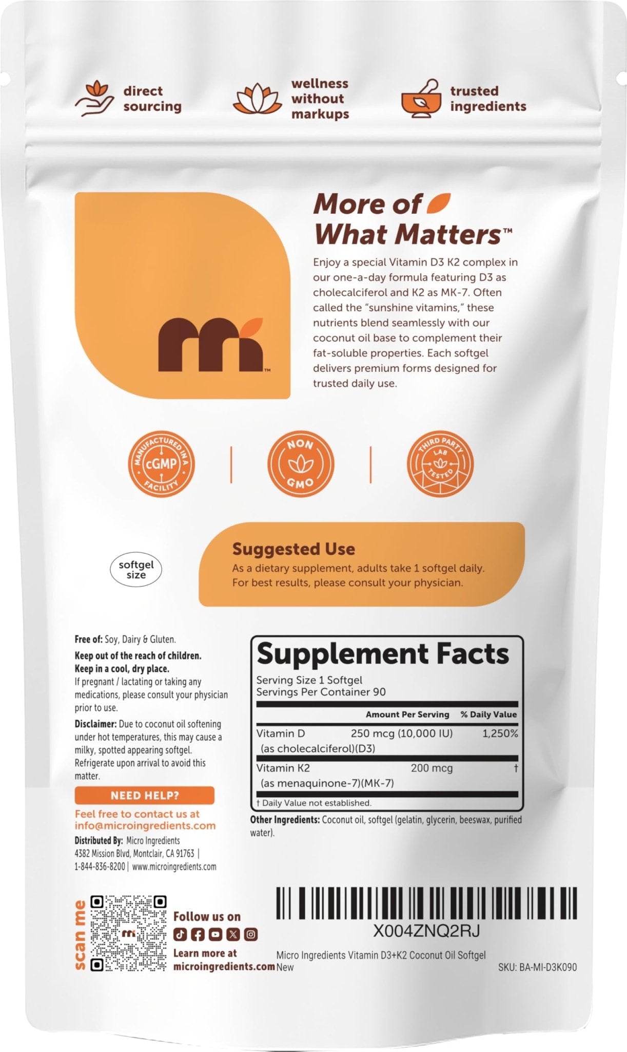 Micro Ingredients Vitamin D3 10,000 IU + K2 MK-7 200 mcg Per Serving, 90 Softgels | Extra Strength* 2-in-1 D3 K2 Supplement - Maple Wellness Supplements