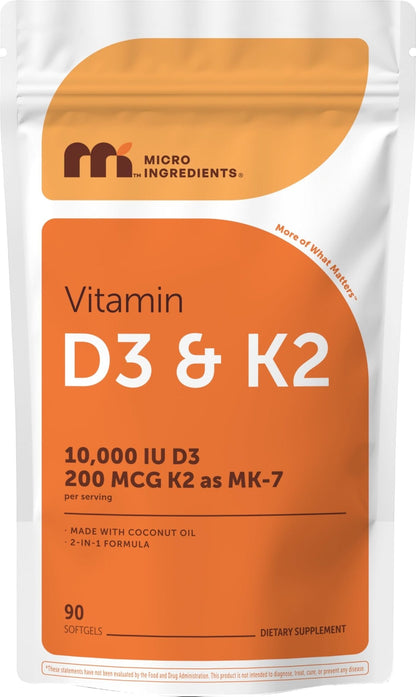 Micro Ingredients Vitamin D3 10,000 IU + K2 MK-7 200 mcg Per Serving, 90 Softgels | Extra Strength* 2-in-1 D3 K2 Supplement - Maple Wellness Supplements