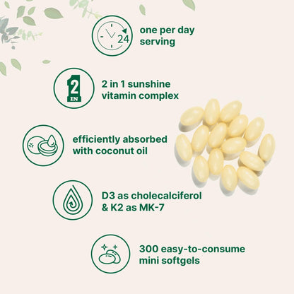 Micro Ingredients Vitamin D3 2,000 IU + K2 MK-7 50 mcg, 300 Softgels | Virgin Coconut Oil | 2-in-1 Support | Easy to Swallow, Non-GMO - Maple Wellness Supplements