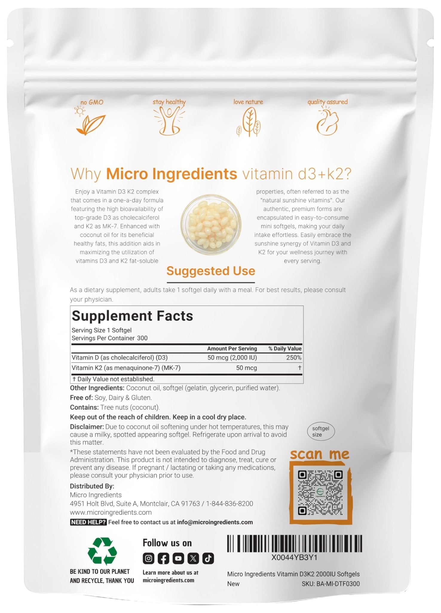 Micro Ingredients Vitamin D3 2,000 IU + K2 MK-7 50 mcg, 300 Softgels | Virgin Coconut Oil | 2-in-1 Support | Easy to Swallow, Non-GMO - Maple Wellness Supplements
