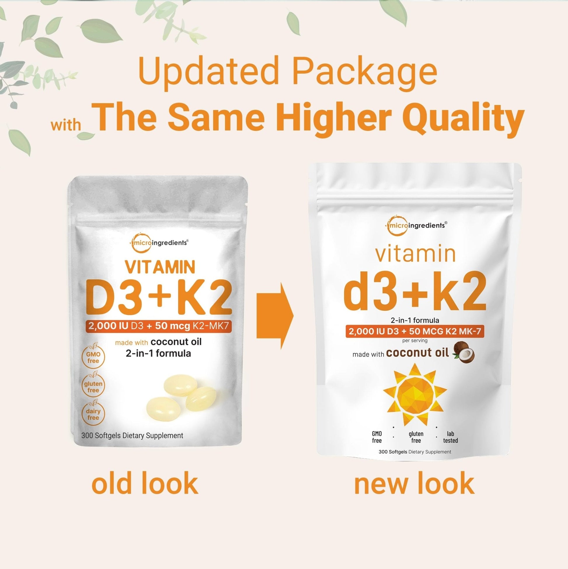 Micro Ingredients Vitamin D3 2,000 IU + K2 MK-7 50 mcg, 300 Softgels | Virgin Coconut Oil | 2-in-1 Support | Easy to Swallow, Non-GMO - Maple Wellness Supplements