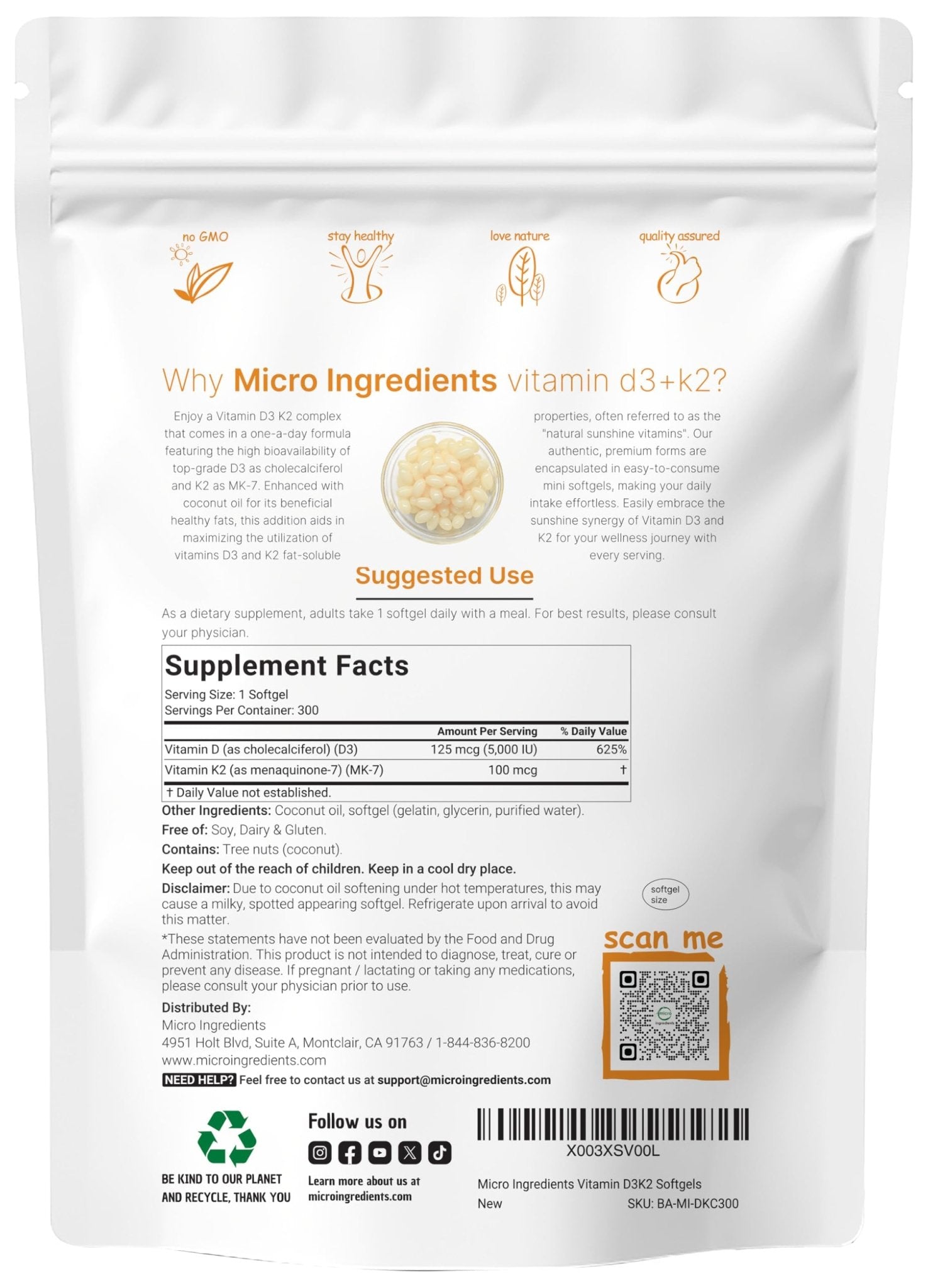 Micro Ingredients Vitamin D3 5,000 IU + K2 MK-7 100 mcg, 300 Softgels | Virgin Coconut Oil | 2-in-1 Support - Maple Wellness Supplements