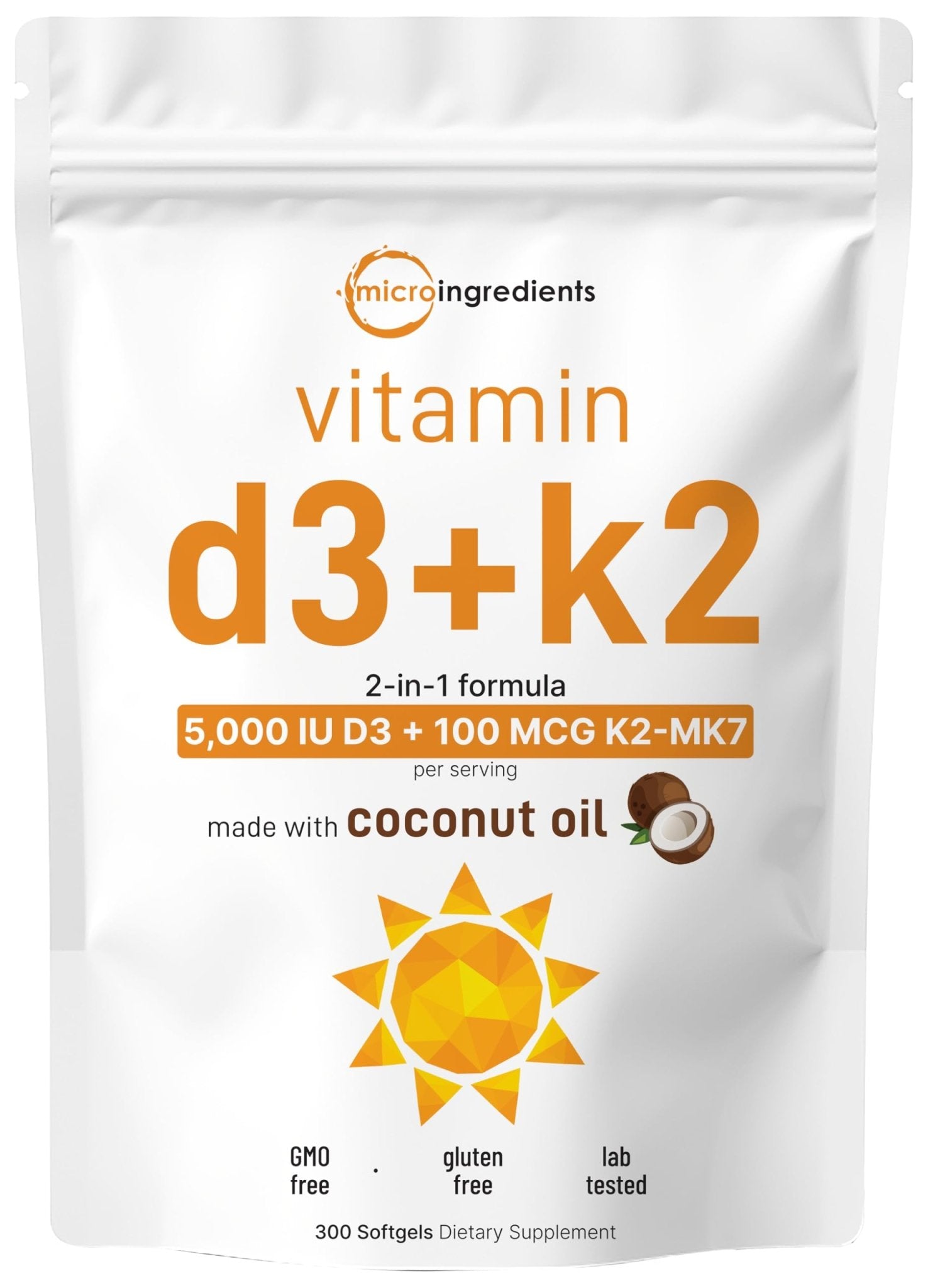 Micro Ingredients Vitamin D3 5,000 IU + K2 MK-7 100 mcg, 300 Softgels | Virgin Coconut Oil | 2-in-1 Support - Maple Wellness Supplements