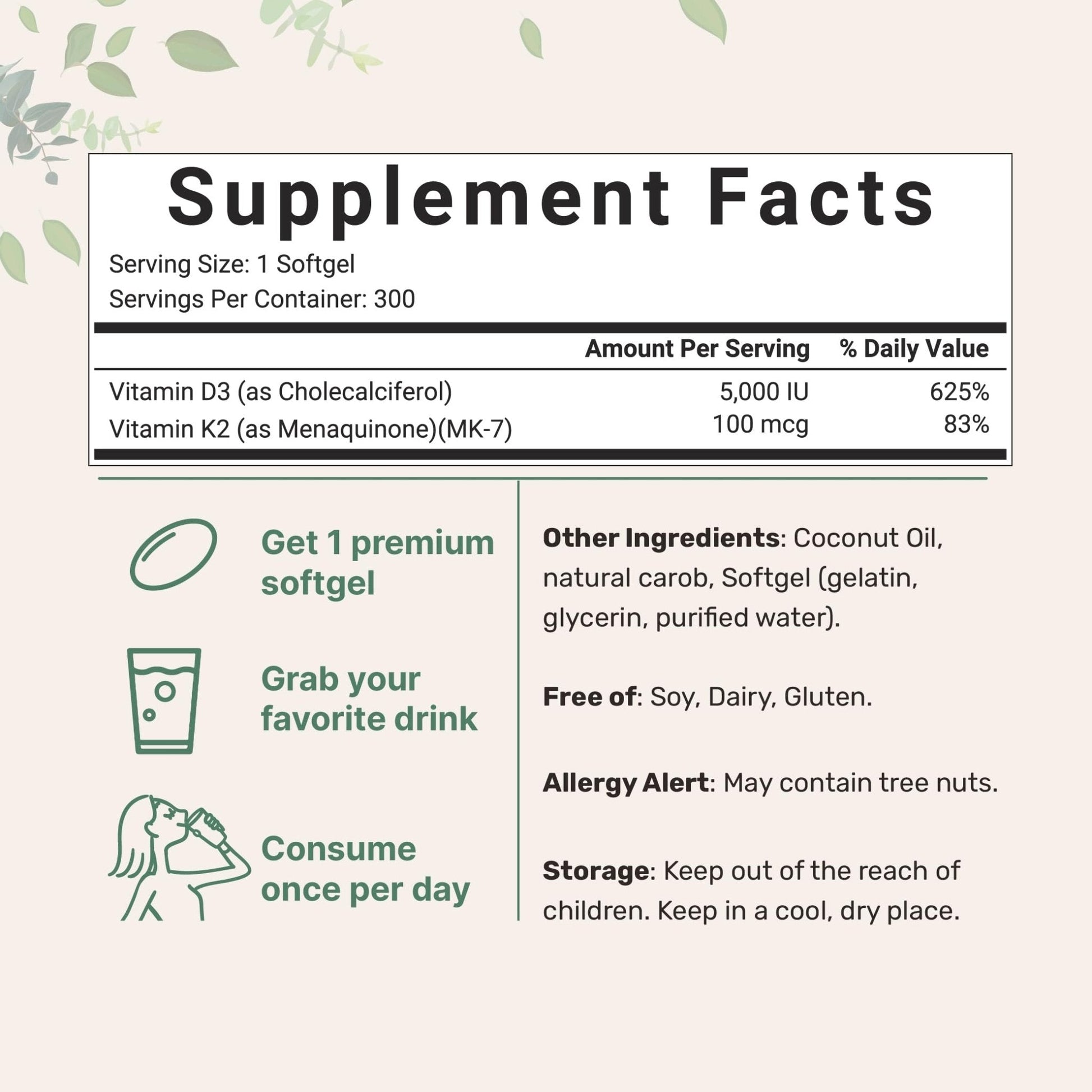Micro Ingredients Vitamin D3 5000 IU Plus K2 (MK-7) 100 mcg, 300 Virgin Coconut Oil Softge - Maple Wellness Supplements