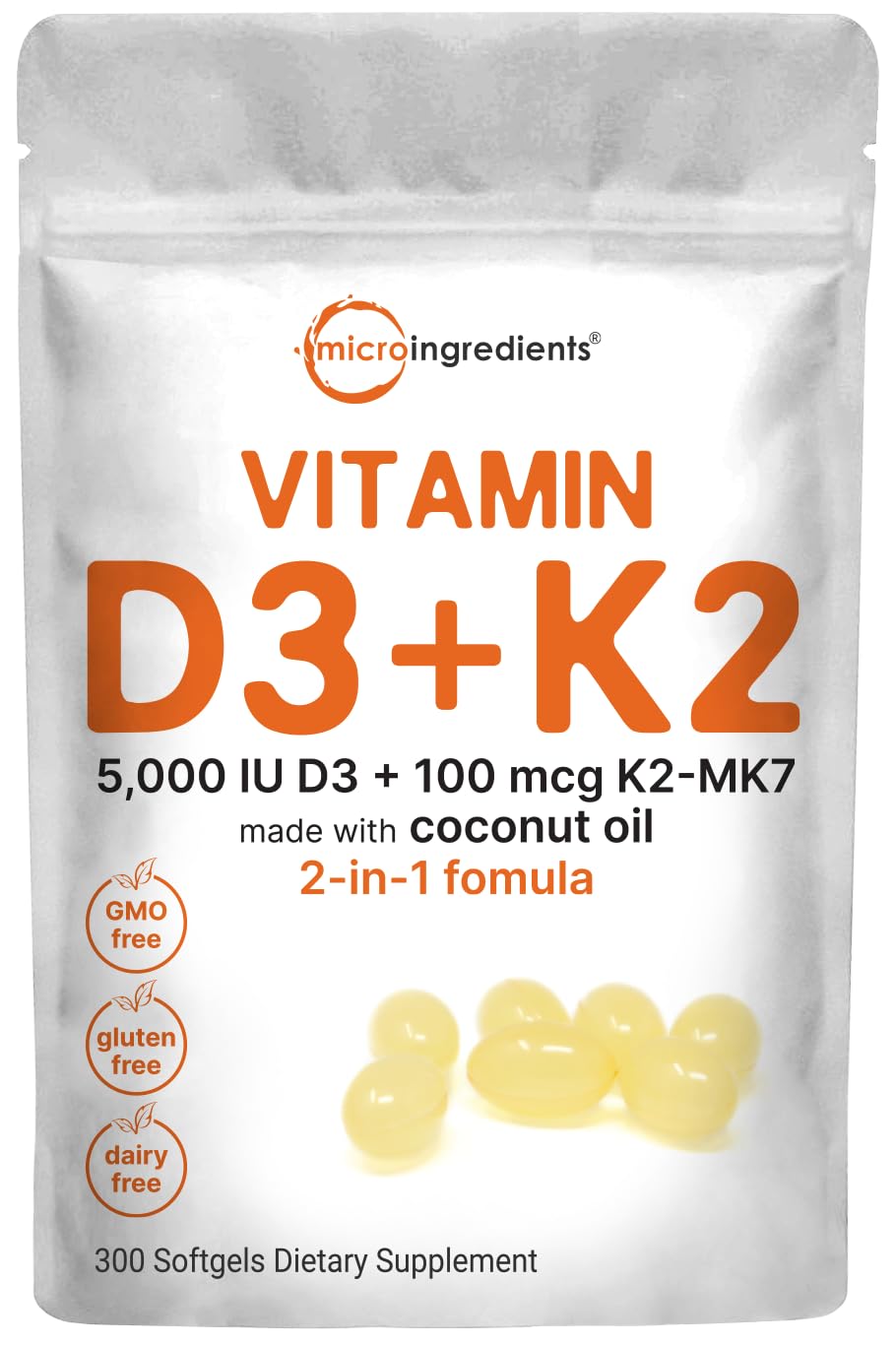 Micro Ingredients Vitamin D3 5000 IU Plus K2 (MK-7) 100 mcg, 300 Virgin Coconut Oil Softge - Maple Wellness Supplements