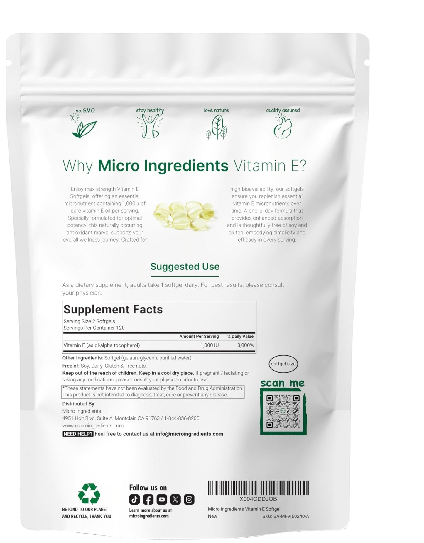 Micro Ingredients Vitamin E 1000 IU, 240 Softgels | Pure Vitamin E Oil Pills | Antioxidant Supplements for Skin and Face | Non-GMO, Gluten Free - Maple Wellness Supplements